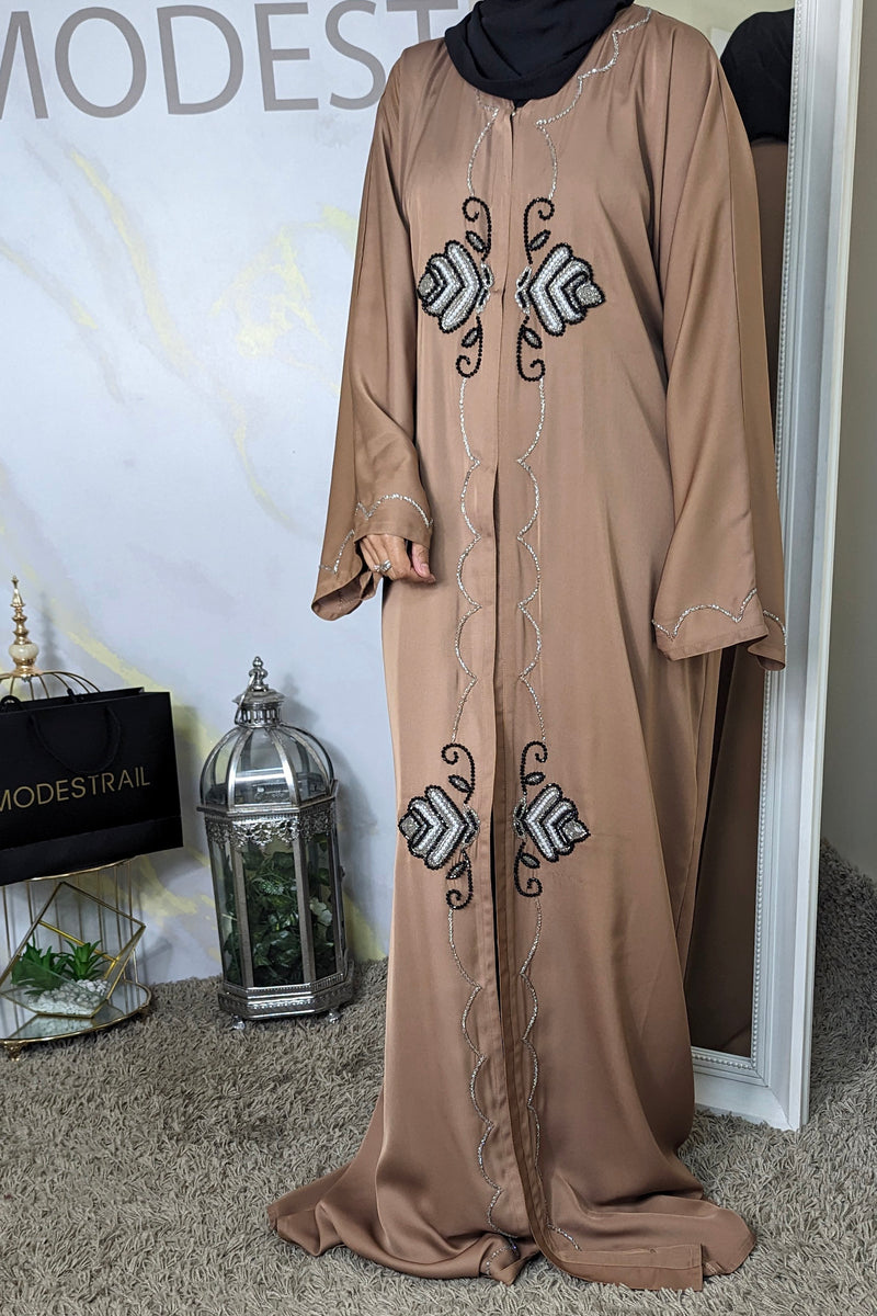 Mocha With Black Crystal Detail Abaya