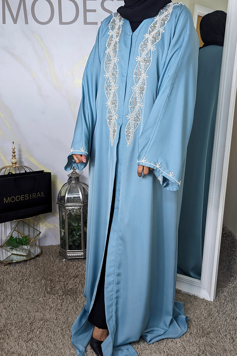 Aqua Blue Abaya With Crystal & Pearl Details