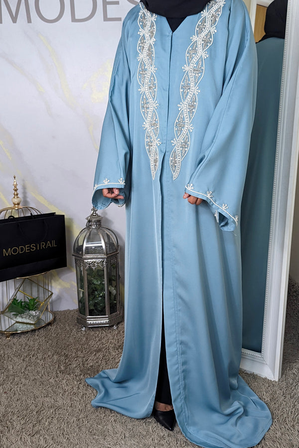 Aqua Blue Abaya With Crystal & Pearl Details