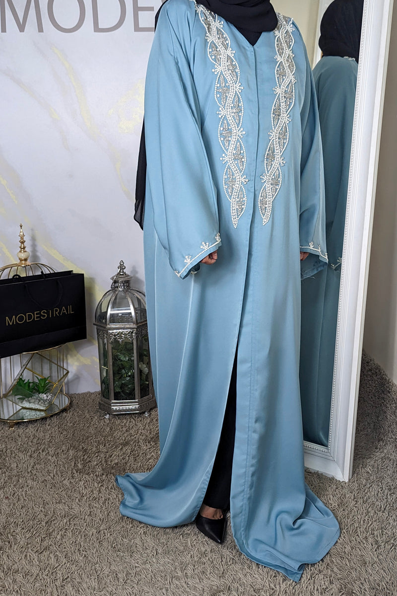 Aqua Blue Abaya With Crystal & Pearl Details