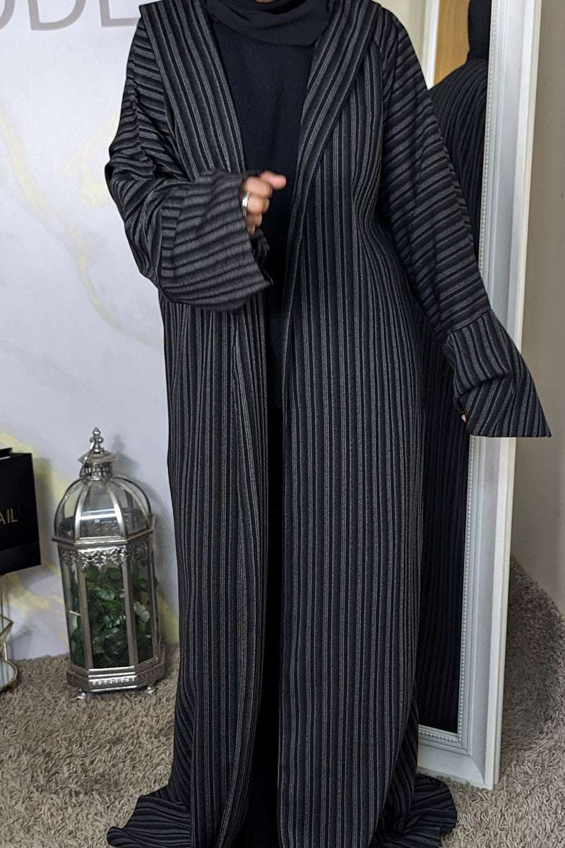 Black and white stripe open abaya