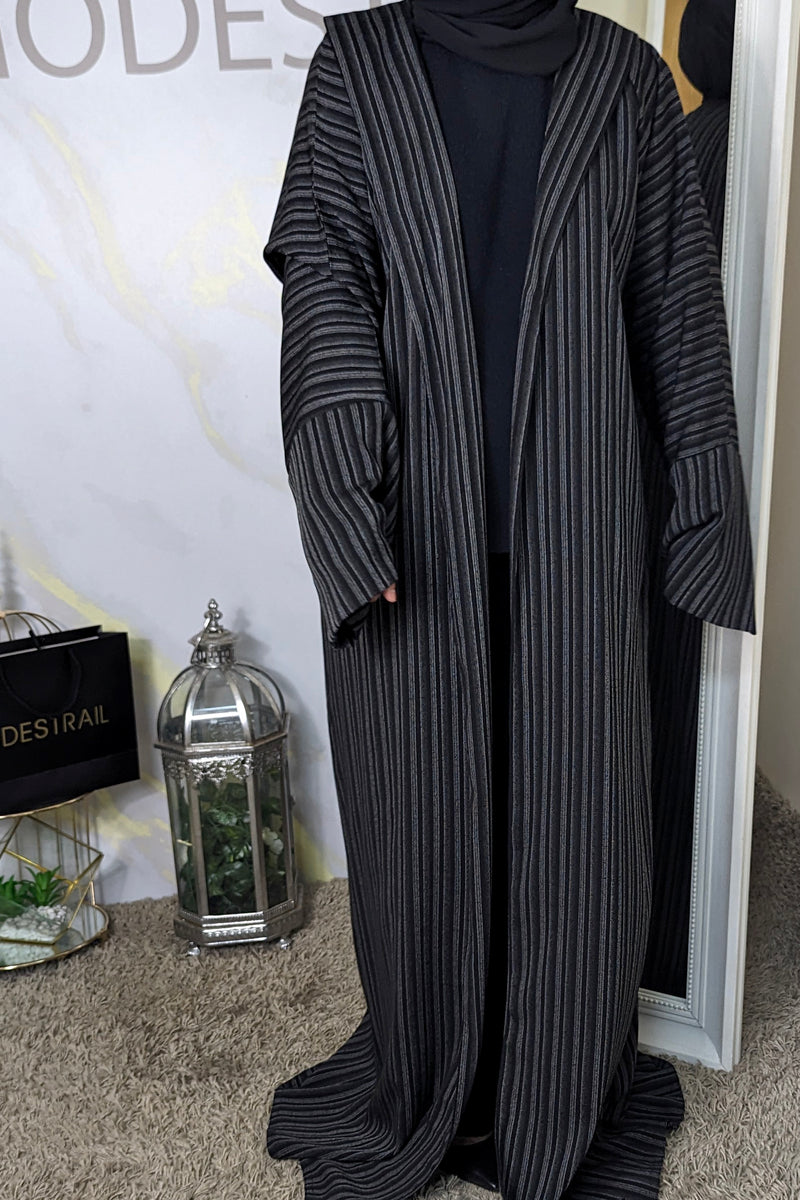 Black and white stripe open abaya