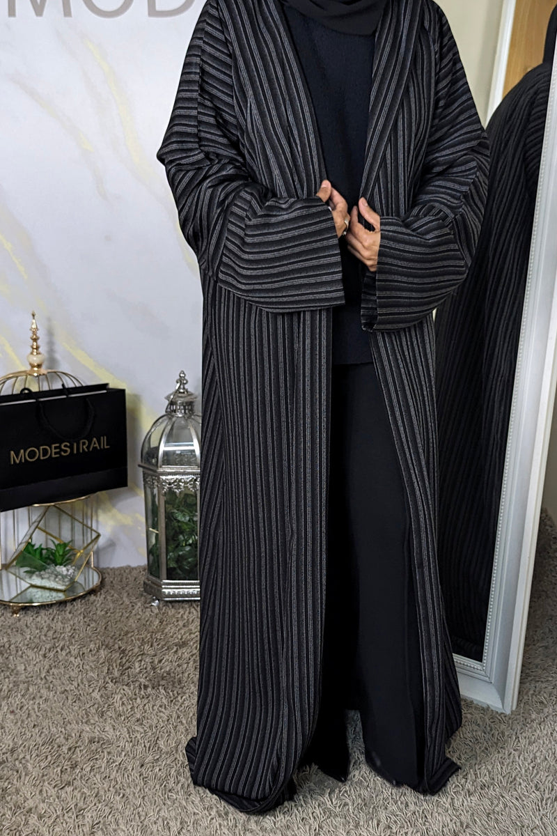 Black and white stripe open abaya